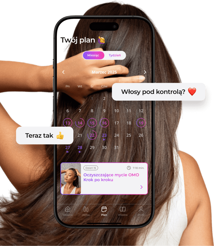 A smartphone displaying the open onlybio hair care app and OMO washing instructions, set against a backdrop of long, brown hair.